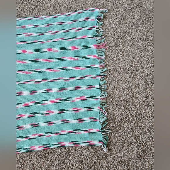 Vintage Shawl Wrap, Leg Warmer Crochet By Hand 1988 With Fringe Greens & Pink - Picture 9 of 9